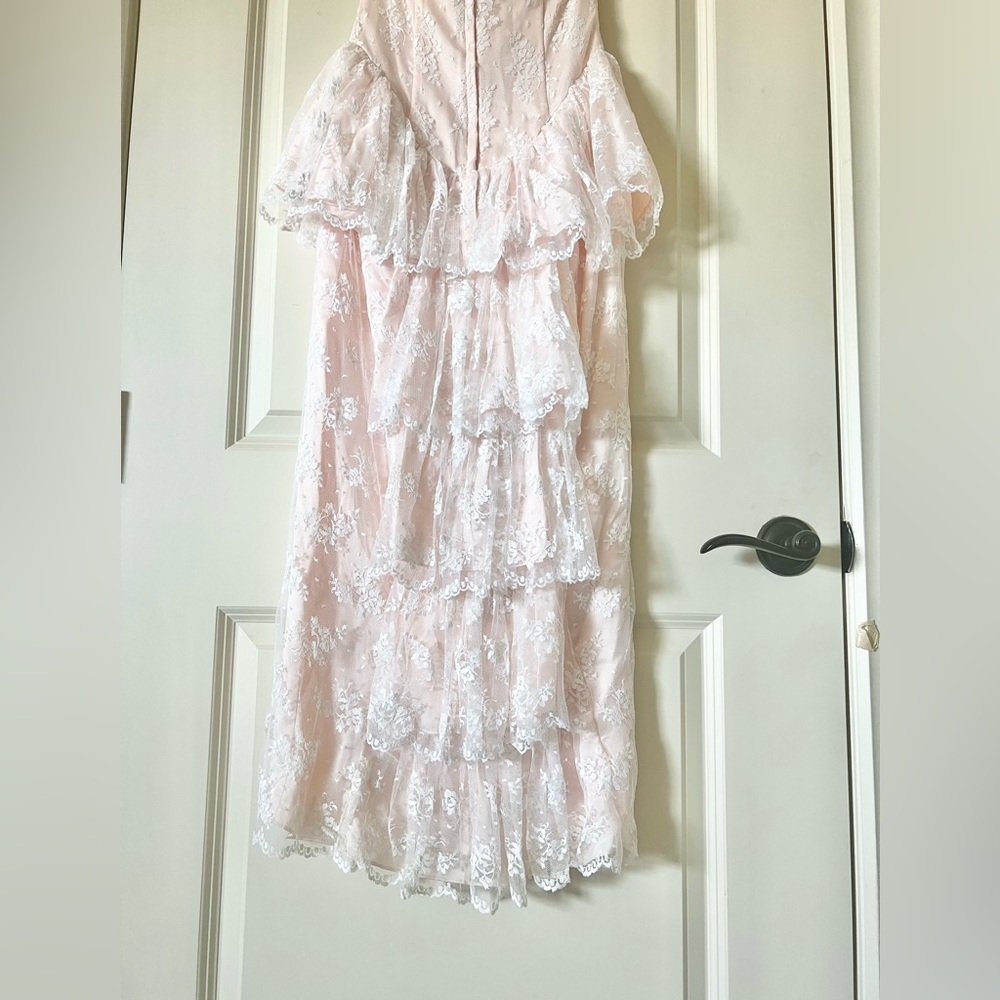 Vtg Jessica McClintock Pink Floral Lace Midi Dress 6 Peplum Ruffle Train 80s - Picture 7 of 10